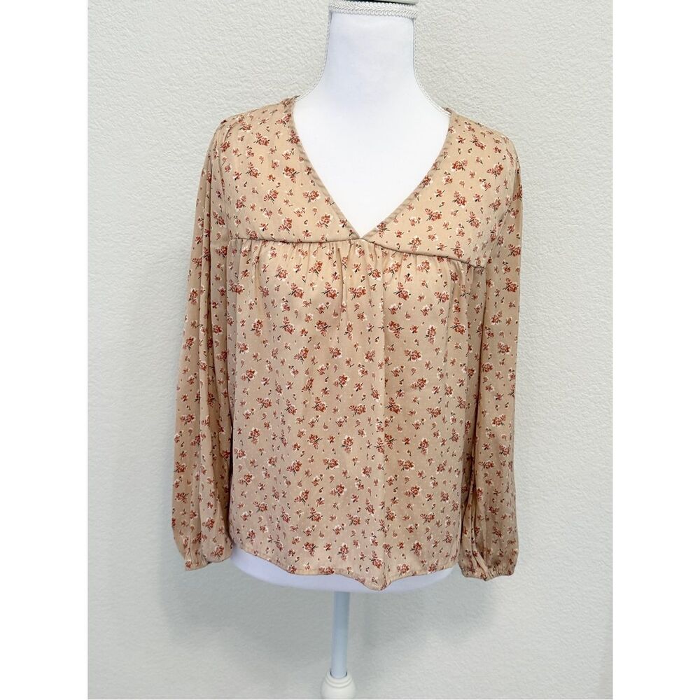 Madewell Tan Red Floral V-Neck Long‎ Sleeve Blouse Top Small